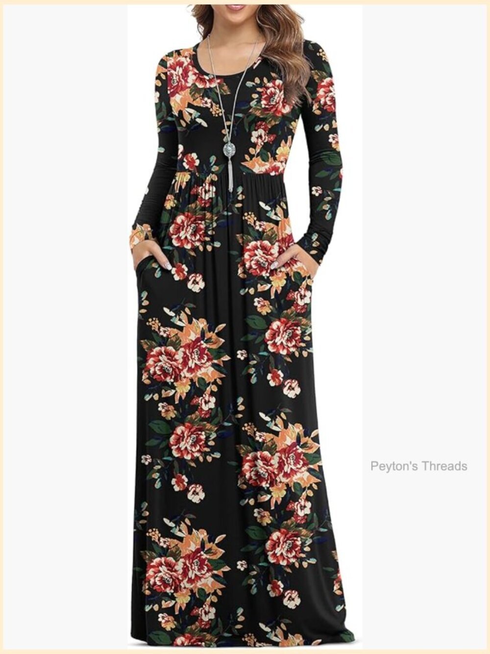 Long Sleeve Plain Maxi Dress with Pockets - Soft Rayon Spandex